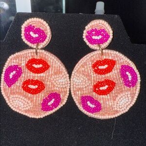 Beaded Lip Design Earrings - Pink, Red, Purple